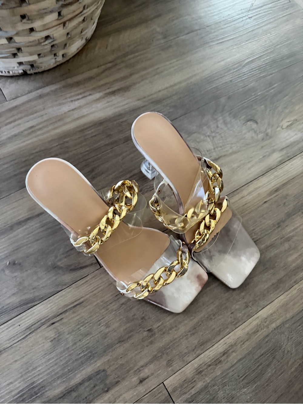 Clear Strap Slide Heels with Gold Chain Accent - Women